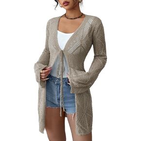 Women's Crochet Sheer Mesh Beach Cover-Up Open Front Loose Knit Cardigan Sweaters Casual Tops in Kuwait