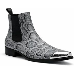 Men’s Chelsea Boots in Snake Print with Metal Toe Cap, Western Ankle Silhouette, Elastic Gore Panels & Pull Tab, Low Stacked Heel for Work, Dates, Shows in Saudi Arabia
