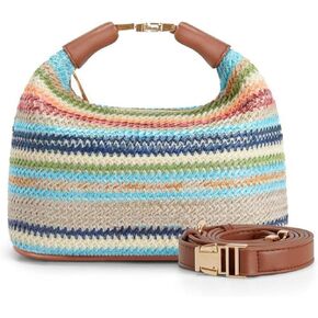 حقيبة كروس من القش للنساء، حقيبة يد الرافية الصيفية بمقبض علوي منسوج ومحفظة للإجازات مصنوعة يدويًا وحقيبة يد على شكل دلو in Kuwait