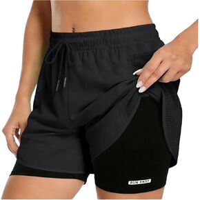 2 in 1 Double Layer Running Shorts for Women High Waisted Gym Yoga Short Pants Color Block Athletic Workout Clothes in Kuwait
