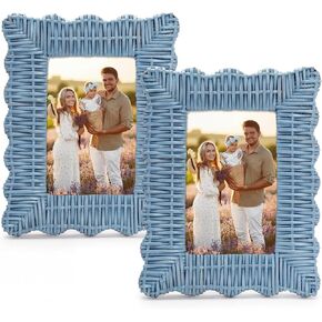 Novabright Set of 2 Handmade Blue Rattan Picture Frames 4'' x 6'' Wavy Edge Boho Photo Frame for Nautical Beach Themed Home Room Office Desk Display Coastal Decoration in Kuwait