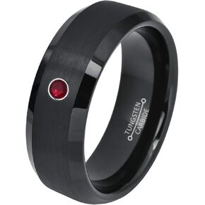 0.07ct Ruby Tungsten Ring - July Birthstone - 8MM Dome Black Ion-Plated Flat Brushed Finish Center Beveled Edge Comfort Fit Unisex Wedding Anniversary Band in Kuwait