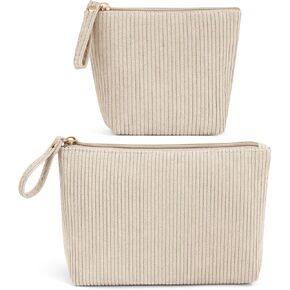 MAGEFY 2Pcs Makeup Bag Set, Cute Makeup Pouch for Purse Corduroy Travel Cosmetic Pouch for Women with Slip-in Pockets for Purse Essentials Accessories(Beige,Mini+Small) in Saudi Arabia