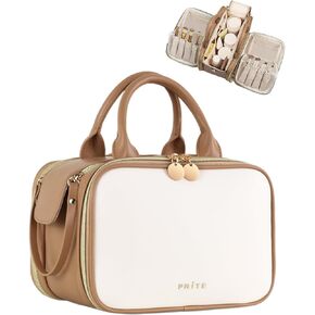 حقيبة مكياج للسفر من برايت للنساء، سعة كبيرة، منظم مستحضرات التجميل المقاوم للماء، حقيبة أدوات الزينة المحمولة والمسطحة المفتوحة مع حامل فرشاة قائم بذاته ومقبض (بيج بني كبير) in Kuwait