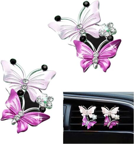 2 PCS Bling Car Air Vent Clips, Dual Butterfly Rhinestone Cute Ornament, Anti-rust Stable Straight Outlet Diffuser Clip for Women, Interior Decoration for Cars Sedans SUVs Trucks (Purple) in Kuwait