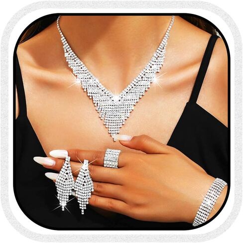 Aukmla Bridal Wedding Jewelry Set Silver Sparkly Rhinestones Necklace Earrings Bracelet Ring Sets Prom Costume Jewelry for Women and Brides in Saudi Arabia