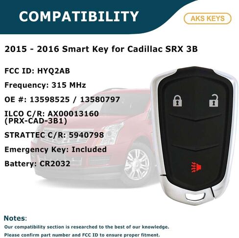 Replacement for Cadillac Key Fob 3 Buttons That Use FCC HYQ2AB and Part Number 13598525 / 13580797 - 315 MHz Compatible with 2015 2016 SRX (2) in Saudi Arabia