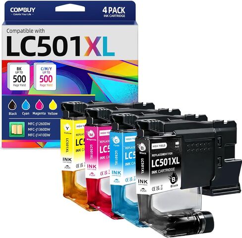 خراطيش حبر COMBUY LC501XL LC501 عالية الإنتاجية متوافقة مع خراطيش حبر Brother LC501 LC 501 LC501XL LC 501XL تعمل مع طابعة Brother MFCJ1360dw MFC-J1360DW MFC-J1410DW MFC-J1260W (4 عبوات) in Kuwait