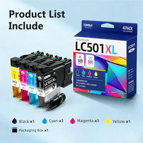 خراطيش حبر COMBUY LC501XL LC501 عالية الإنتاجية متوافقة مع خراطيش حبر Brother LC501 LC 501 LC501XL LC 501XL تعمل مع طابعة Brother MFCJ1360dw MFC-J1360DW MFC-J1410DW MFC-J1260W (4 عبوات) in Kuwait