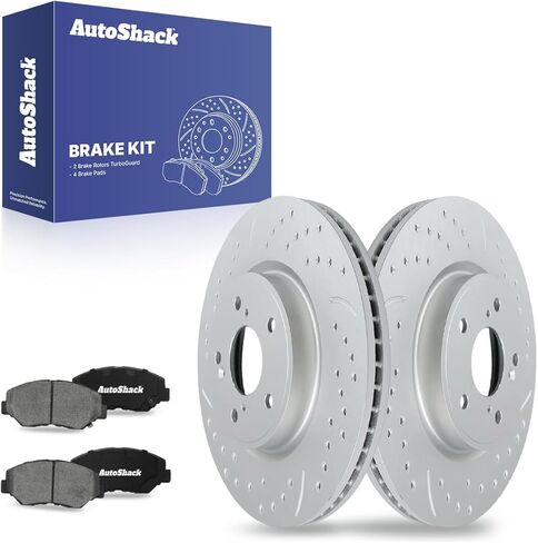 AutoShack Front Vented Drilled & Slotted E-Coated Brake Rotors + Premium Ceramic Pads 6-PC Brake Kit Replacement for 2003-2017 Honda Accord 2013-2021 Honda Civic ShadowGuard 11.1" (281.95 mm) in Saudi Arabia