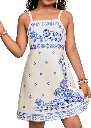 OYOANGLE Girl's Floral Boho Vacation Mini Dress Bow Sleeveless Spaghetti Strap Tie Backless Sundress in Saudi Arabia