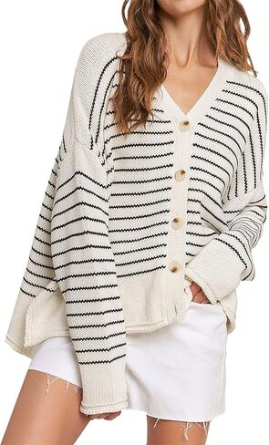 Womens Casual V Neck Striped Button Long Sleeve Sweater Cardigan Ladies Dressy Open Front Sweater Spring 2025 in Kuwait