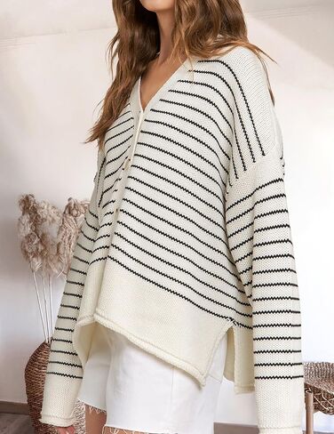 Womens Casual V Neck Striped Button Long Sleeve Sweater Cardigan Ladies Dressy Open Front Sweater Spring 2025 in Saudi Arabia