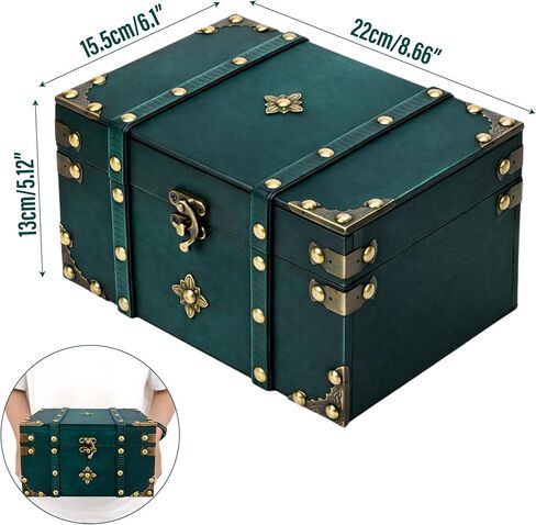 Vintage Pirate Treasure Chest Box – Large Wooden Antique Wood Storage Case with Metal Accents, Green Retro Decorative Trunk Organizer for Jewelry, Trinket, Tarot Card, Pearl, Home Bedroom Decor Gift in Kuwait