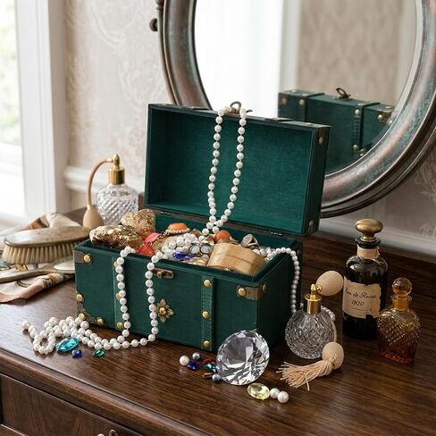 Vintage Pirate Treasure Chest Box – Large Wooden Antique Wood Storage Case with Metal Accents, Green Retro Decorative Trunk Organizer for Jewelry, Trinket, Tarot Card, Pearl, Home Bedroom Decor Gift in Kuwait