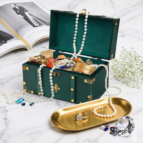 Vintage Pirate Treasure Chest Box – Large Wooden Antique Wood Storage Case with Metal Accents, Green Retro Decorative Trunk Organizer for Jewelry, Trinket, Tarot Card, Pearl, Home Bedroom Decor Gift in Kuwait