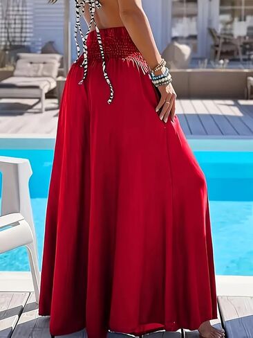 Boho Linen Palazzo Pants for Women, High Smocked Waist Baggy Wide Leg Summer Beach Lounge Pants with Pocket in Saudi Arabia