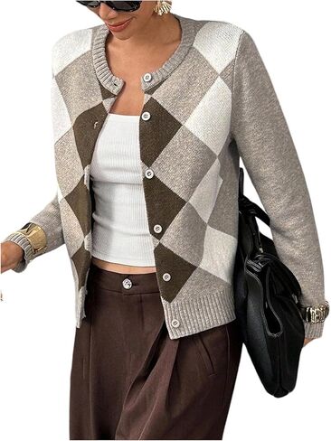 SOLY HUX Women's Argyle Plaid Cardigan Sweater Button Down Long Sleeve Crew Neck Trendy Sweaters Fall Clothes in Saudi Arabia