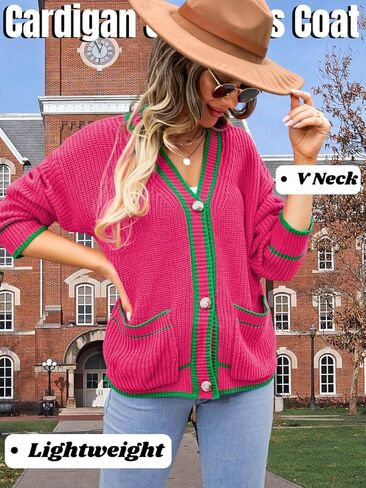 Kaei&Shi V Neck Cardigan with Pockets,Button Sweater Coats for Women,Color Block Oversized Fall Cardigans in Saudi Arabia
