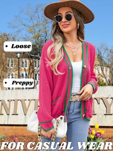 Kaei&Shi V Neck Cardigan with Pockets,Button Sweater Coats for Women,Color Block Oversized Fall Cardigans in Saudi Arabia