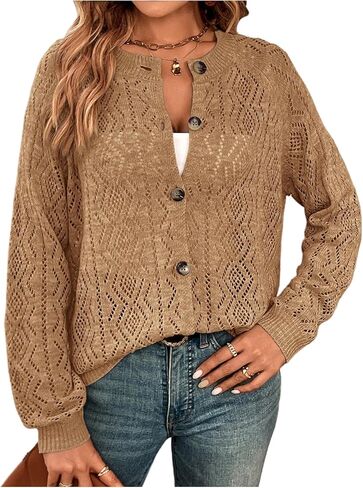 GORGLITTER Women's Crochet Cardigan Cozy Long Sleeve Button Up Lightweight Crew Neck Knit Sweaters Going Out Outfits in Saudi Arabia