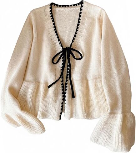 Verdusa Women's Bow Tie Cardigan Peplum Sweaters Ruffle Knit Outerwear Spring Fall Outfits in Saudi Arabia