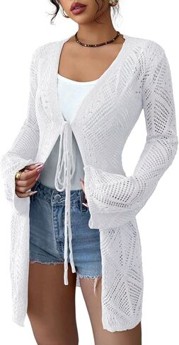 Women's Crochet Sheer Mesh Beach Cover-Up Open Front Loose Knit Cardigan Sweaters Casual Tops in Saudi Arabia