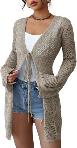 Women's Crochet Sheer Mesh Beach Cover-Up Open Front Loose Knit Cardigan Sweaters Casual Tops in Saudi Arabia