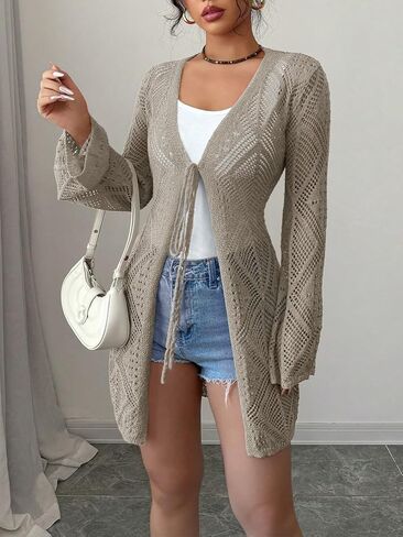 Women's Crochet Sheer Mesh Beach Cover-Up Open Front Loose Knit Cardigan Sweaters Casual Tops in Saudi Arabia
