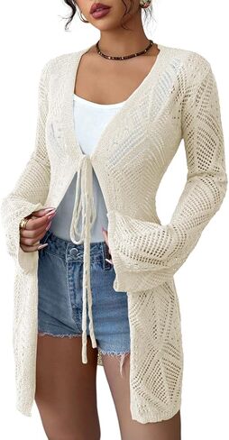 Women's Crochet Sheer Mesh Beach Cover-Up Open Front Loose Knit Cardigan Sweaters Casual Tops in Saudi Arabia
