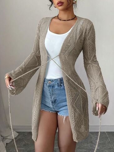Women's Crochet Sheer Mesh Beach Cover-Up Open Front Loose Knit Cardigan Sweaters Casual Tops in Saudi Arabia