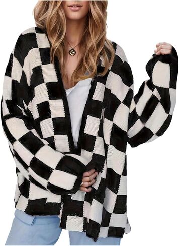 WDIRARA Women's Plaid Checkered Open Front Cardigan Sweaters Long Sleeve Knit Outerwear in Saudi Arabia