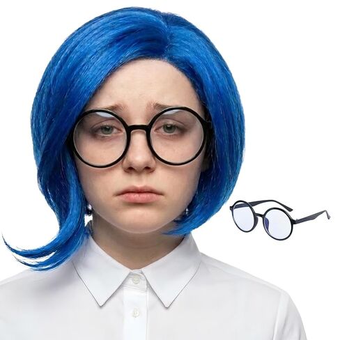 Miss U Hair Short Blue Wig with Glasses Child Girls Emotion Cosplay Halloween Wig in Kuwait