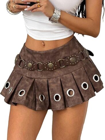Floerns Women's Y2k Pleated Leather Skirt Low Waist Grommet Eyelet Concert A Line Mini Skirts in Saudi Arabia