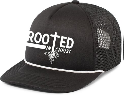 Mens Christian Rooted in Christ Embroidered Rope Hat Foam Front Mesh Back Trucker Hat in Kuwait