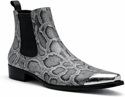 Men’s Chelsea Boots in Snake Print with Metal Toe Cap, Western Ankle Silhouette, Elastic Gore Panels & Pull Tab, Low Stacked Heel for Work, Dates, Shows in Saudi Arabia