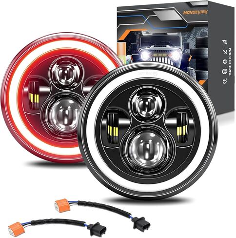 مصباح أمامي LED مقاس 7 بوصات من MONDEVIEW مستدير H6024 شعاع عالٍ ومنخفض، إشارة الانعطاف DRL لسيارة جيب رانجلر تشيفي فورد نيسان هامر، معتمد من DOT، أحمر أصفر، قطعتان in Kuwait