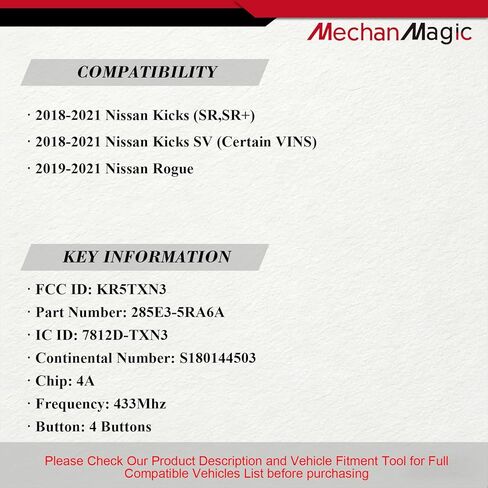 استبدال MechanMagic Smart Key Fob يناسب Nissan Kicks SR SR+ SV Rogue 2018 2019 2020 2021 دخول بدون مفتاح للتحكم عن بعد، زر التشغيل 4 أزرار KR5TXN3 285E3-5RA6A in Kuwait