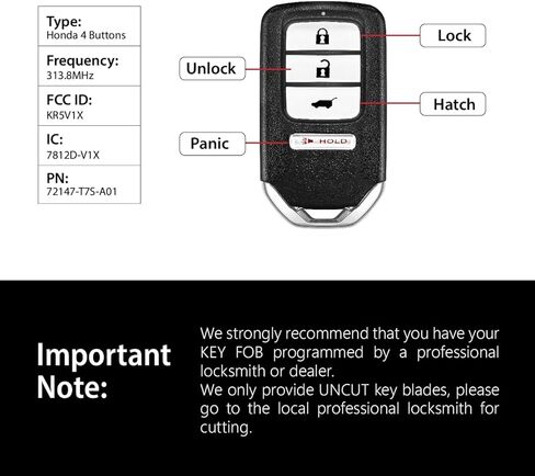 Replacement for 2019-2022 Honda HR-V Fit EX-L EX-LN CVT Key Fob Remote Control KR5V1X 4 Buttons 313.8MHz in Saudi Arabia