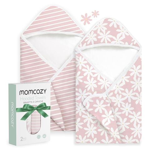 Momcozy Baby Hooded Towel, 2 Pack Baby Towel Set, Super Soft Bath Towel with Original Design, Shower Gifts for Infant, Toddler (28 X 28 Inch, Lemon Leaves) in Kuwait