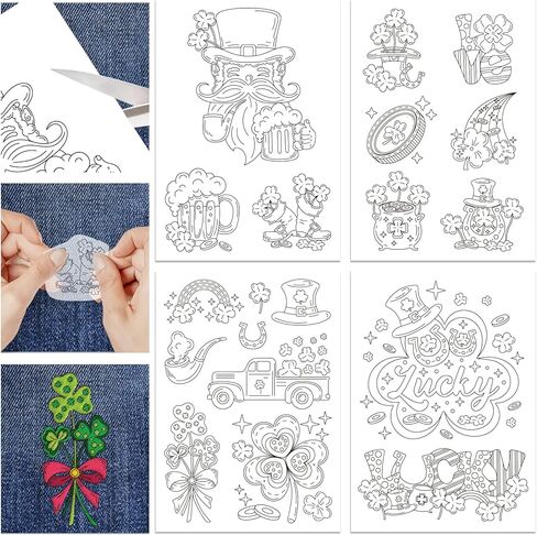 GLOBLELAND 4 Sheets 11.7x8.3" St. Patrick's Day Clover Water Soluble Embroidery Stabilizer Shamrock Hand Sewing Stabilizers Self Adhesive Washable Stick and Stitch Embroidery Stabilizer for Beginners in Kuwait