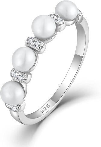 Pearl Stackable Rings For Women, 925 Sterling Silver Freshwater Cultured Pearl Rings Cubic Zironia Eternity Band Jewelry in Saudi Arabia