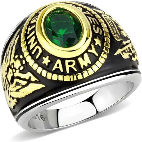 خاتم Lanyjewelry للسيدات من جيش الولايات المتحدة بلونين ذهبي 316 من الفولاذ المقاوم للصدأ باللون الأخضر CZ in Kuwait