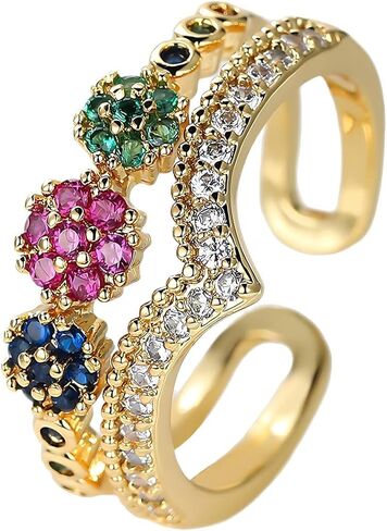 Gold Plated Multicolor Zircon Open Ring for Women, Double Band Floral Cluster Statement Ring in Kuwait