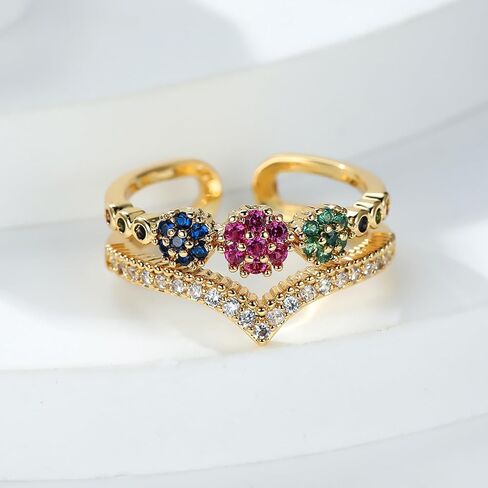 Gold Plated Multicolor Zircon Open Ring for Women, Double Band Floral Cluster Statement Ring in Kuwait