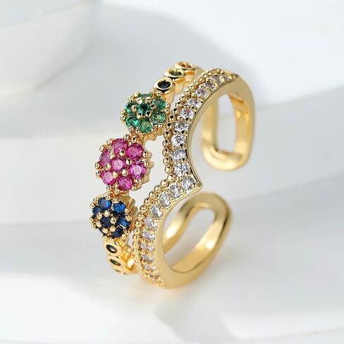 Gold Plated Multicolor Zircon Open Ring for Women, Double Band Floral Cluster Statement Ring in Kuwait