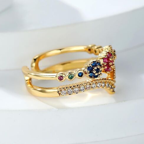 Gold Plated Multicolor Zircon Open Ring for Women, Double Band Floral Cluster Statement Ring in Kuwait