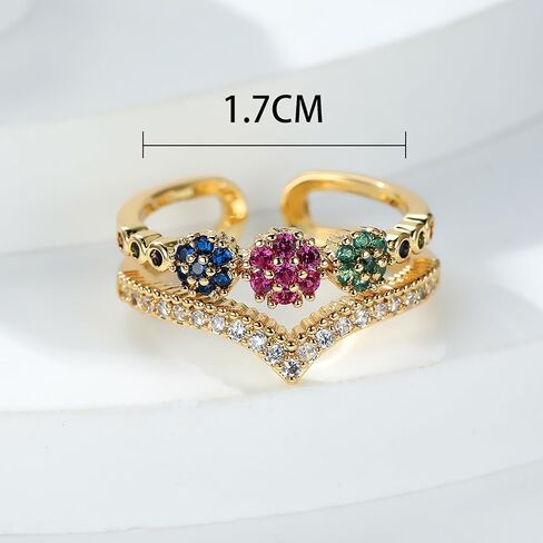 Gold Plated Multicolor Zircon Open Ring for Women, Double Band Floral Cluster Statement Ring in Kuwait