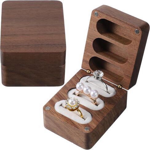 Solid Wood Ring Box, 3 Slot Mini Engagement Ring Holder Box with White Velvet Inside Rectangle Wooden Rings Case Boxs, Rustic Jewelry Gift Storage Boxs for Ceremony Wedding Proposal Anniversary in Saudi Arabia