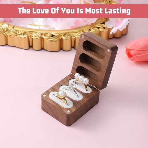 Solid Wood Ring Box, 3 Slot Mini Engagement Ring Holder Box with White Velvet Inside Rectangle Wooden Rings Case Boxs, Rustic Jewelry Gift Storage Boxs for Ceremony Wedding Proposal Anniversary in Saudi Arabia